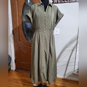 Indigo Rose Olive Green Button Front Midi Shirt Dress L Safari Utility
